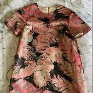 Kate Spade Regal Plumes Metallic taffeta Shift Dress Sz 12 pink black feather